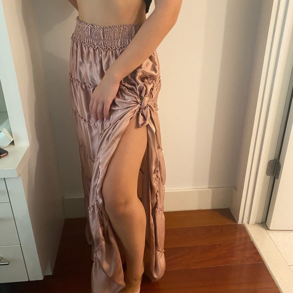 100% Silk Rose Pink Maxi Skirt With Slit